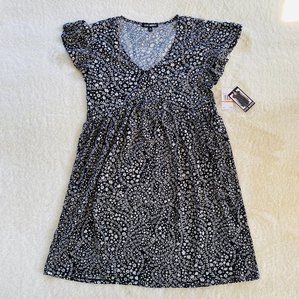 Steve Madden Black with White Floral Pattern Dress size M "Cloud Dancer" NEW